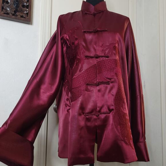 LINZHIXIU Silk Tang Suit Kung Fu Kimono Jacket Burgundy Red Dragan Embroidery✨️L - Picture 12 of 16